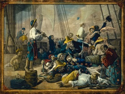 Naisten vaatteisiin pukeutuneet merirosvot yrittävät houkutella kauppalaivaa. tekijältä François Auguste Biard
