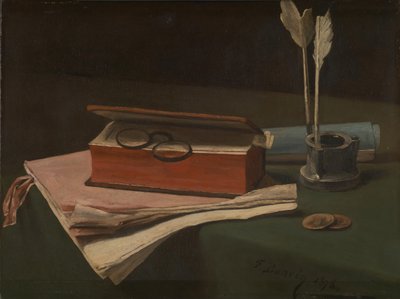 Asetelma kirjan, papereiden ja mustesäiliön kanssa, 1876 tekijältä François Bonvin