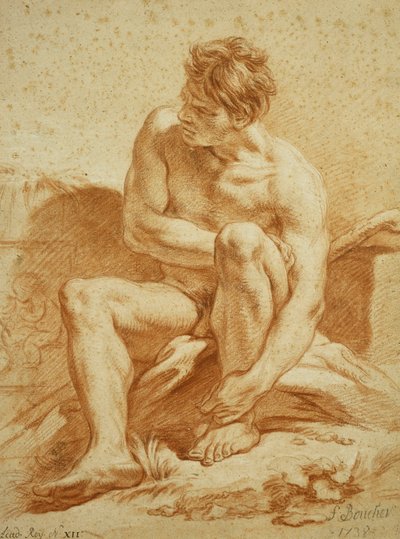 Istuva alaston sauva, kohokuvio putin kanssa vasemmalla, 1738 tekijältä François Boucher