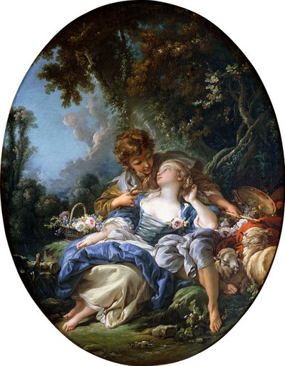 Paimen ja paimentar Dalliancessa metsäisessä maisemassa, 1761 tekijältä François Boucher