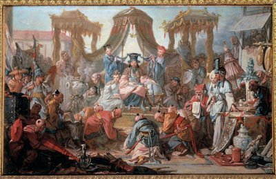 Kiinan keisarin yleisö Kohteet kumartuvat keisarin edessä. Francois Boucherin maalaus tekijältä François Boucher