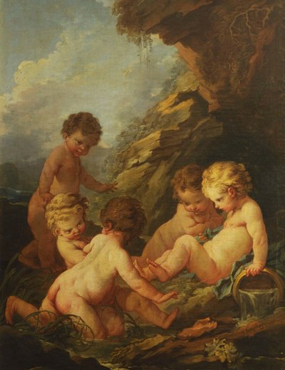 Boucher - Viisi alastonta lasta leikkimässä kivisen altaan äärellä, 1730-1735 tekijältä François Boucher