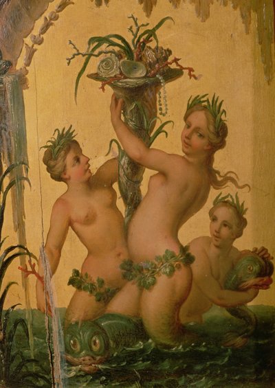 Yksityiskohta sireeneistä, joilla on ruiskaunokki, Pietari Suuren valtiovaunusta, noin 1724. tekijältä François Boucher