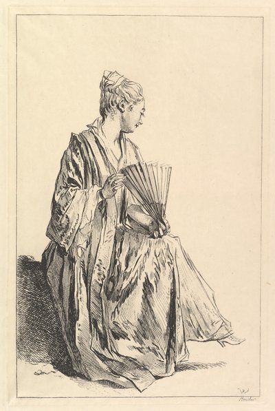 Istuva nainen, profiilissa oikealla, soittamassa viuhkaa, 1720-70. tekijältä François Boucher