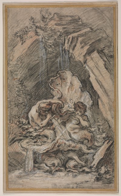 Suihkulähde, jossa on kaksi tritonia, puhaltaa kotiloisen kuoria, c. 1736. tekijältä François Boucher