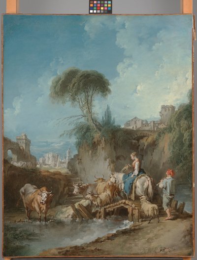 Maisema etäisten rakennusten ja paimennaisen kanssa tekijältä François Boucher