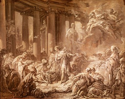 Psyche Receiving the Divine Honors (valmistelututkimus), n. 1740 (öljymaalaus kankaalle kiinnitetylle paperille) tekijältä François Boucher