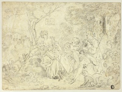 Paimentolaisnaiset ja nuori mies soittaa säkkipilliä tekijältä François Boucher