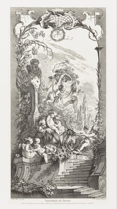 Triomphe de Priape [Priapuksen riemuvoitto] teoksessa Nouveaux Morceaux pour des Paravents [Uusia konsepteja näytöille]. tekijältä François Boucher