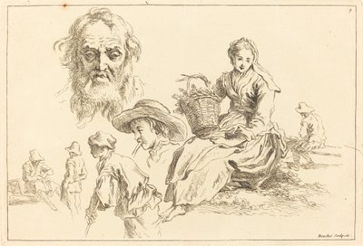 Figuuritutkimukset, mukaan lukien vanhan miehen parrakasvot tekijältä François Boucher after Abraham Bloemaert