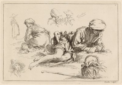 Figuuritutkimukset, mukaan lukien reclining Boy tekijältä François Boucher after Abraham Bloemaert