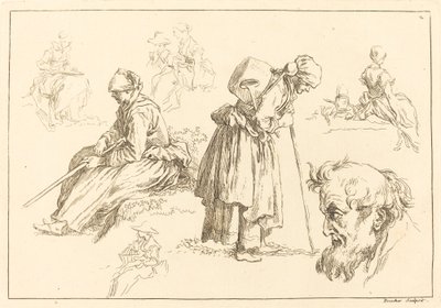 Figuuritutkimukset, mukaan lukien nainen vedenkeittimen kanssa tekijältä François Boucher after Abraham Bloemaert