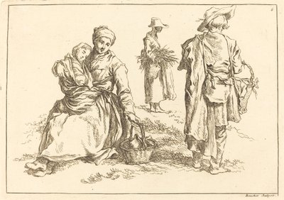 Istuvat äiti ja lapsi, kaksi seisovaa talonpoikaa tekijältä François Boucher after Abraham Bloemaert