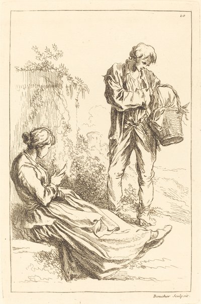 Istuva nainen talonpoikapojan kanssa pitelemässä koria tekijältä François Boucher after Abraham Bloemaert
