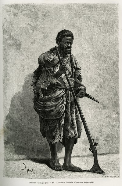 Antiloopin metsästäjä. Courboinin kaiverrus havainnollistamaan Algerian Saharaa, V. Largeau, vuosina 1874-1878, julkaistu Tour du mondessa, Edouard Chartonin (1807-1890) johdolla tekijältä François Courboin