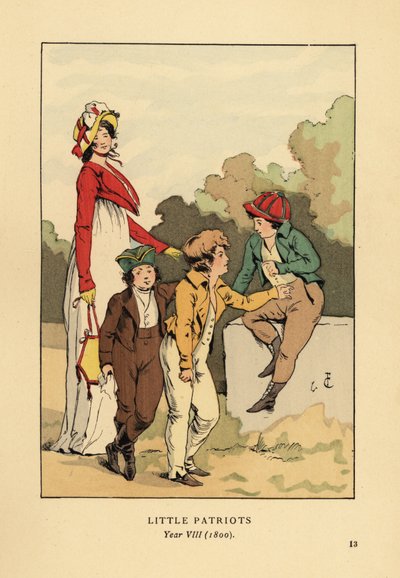 Pojat takkeissa ja ratsastushousuissa Merveilleusella roomalaisessa kaapussa konepellillä ja spencer-takilla. Little Patriots, vuosi VIII tekijältä François Courboin