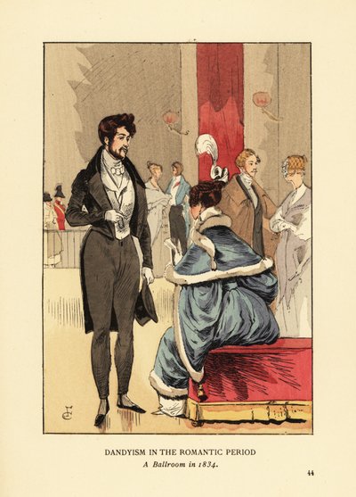 Dandyismi romanttisella aikakaudella, Juhlasali vuonna 1834. Takki, jossa häntä, tiukat housut ja silinterihattu. Nainen turkismekossa höyhenet hiuksissaan. Käsinvärinen litografia R.V. Francois Courboinin kuvituksen jälkeen Octave Uzannen Fashionista tekijältä François Courboin