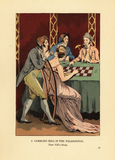 Muodikkaat Incroyables korkeakaulustakeissa pelipöydässä nuoren naisen ja croupier