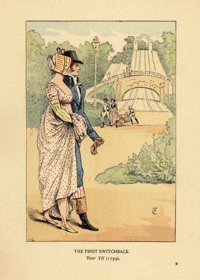 Muodikas pariskunta Russian Mountainsin vuoristoradalla, Les Montagnes Russes a Belleville, rakennettu vuonna 1812. (Ensimmäinen takaisinkytkentä, vuosi VII tekijältä François Courboin