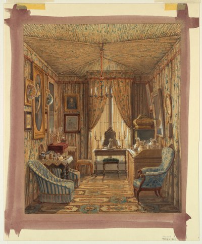 Piirustus, pukuhuoneen sisätila, jossa on telttakatto, 1848 tekijältä Francois Etienne Villeret
