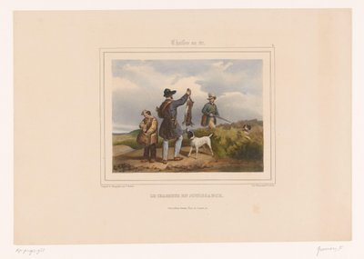 Hunter näyttää toiselle metsästäjälle ammutun jänisensä Le chasseur en jouissance (otsikko esineessä) Metsästäjät aseineen (sarjan nimi) Chasses au Tir (sarjan nimi esineellä) tekijältä François Grenier