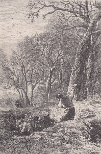 Talvikohtaus: kannonvetäjä, Magasin Pittoresquesta, n. 1852. tekijältä François Rouget