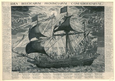 Valtion laiva, 1620 Allegoria maan onnellisesta tilasta Dordrechtin synodin jälkeen Idea Belgicarum Provinciarum Confaederatarum (otsikko esineessä) tekijältä François Schillemans