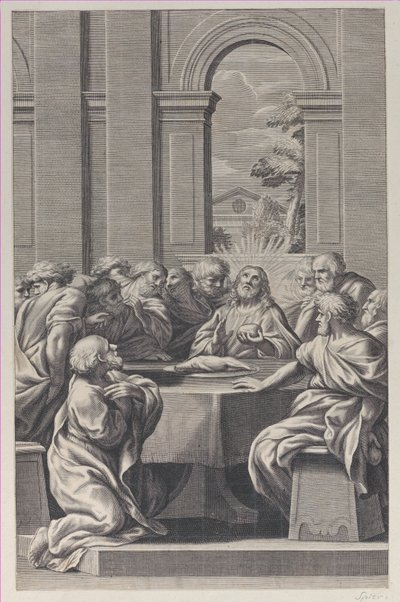 Viimeinen ehtoollinen, klassisen rakennuksen sisätilat, jossa on Kristus ja hänen apostoliensa istuin..., 1660-81. tekijältä François Spierre