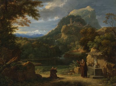 Der heilige Antonius von Padua stellt zwei Novizen den Mönchen in einer bergigen Landschaft vor von Francois-Xavier Fabre