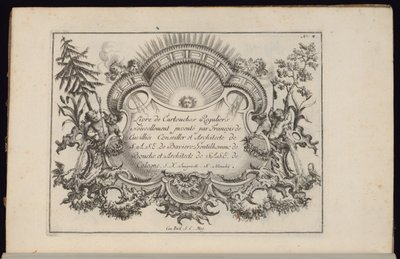 Cartouche auringon ja neljän tuulen kanssa, Livre de Cartouches Reguliers (Tavallisten Cartouchesien kirja) tekijältä François de Cuvilliés the Elder