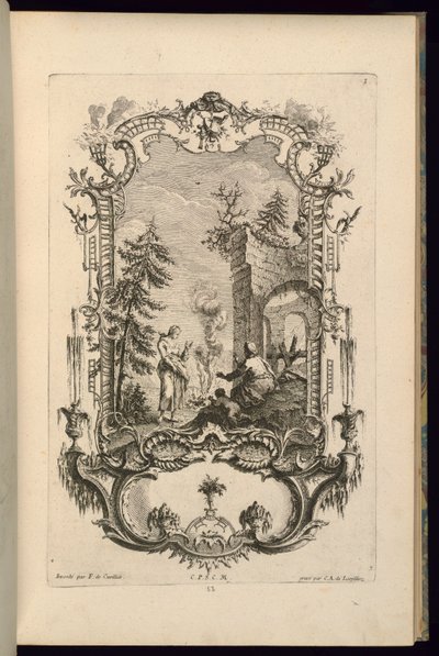 Suunnittelu Cartouchelle, jossa on isot ja pienet lokerot tekijältä François de Cuvilliés the Elder