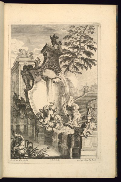 Suunnittelu suihkulähteelle, jossa putto ratsastaa delfiinillä tekijältä François de Cuvilliés the Elder