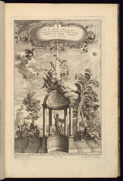 Suunnittelu paneeleille, joissa on Tempietto Minervan kanssa, jonka kruunaa obeliski ja voitto tekijältä François de Cuvilliés the Elder