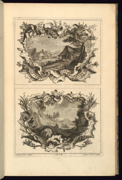 Suunnittelu kahdelle cartouchille tekijältä François de Cuvilliés the Elder
