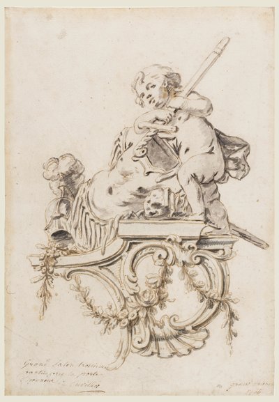 Suunnittelu veistokselle, jossa on Putto ja sodan ominaisuudet, Versailles, Grand Trianon tekijältä François de Cuvilliés the younger