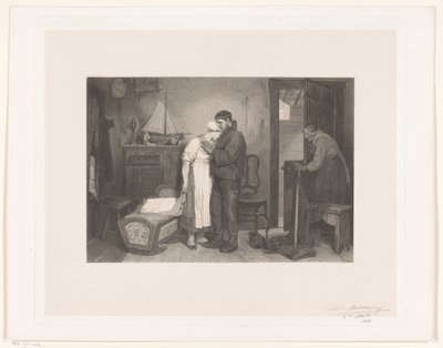 Visser Interior surullisen pariskunnan kanssa tyhjässä pinnasängyssä tekijältä François de Meersman (signed by artist)