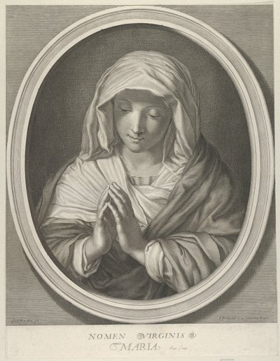 Neitsyt rukouksessa katsoen alas, soikeassa kehyksessä, Renin perässä, 1640-93. tekijältä François de Poilly