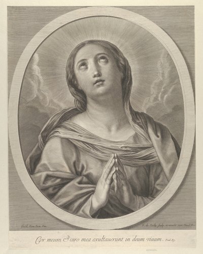 Neitsyt rukouksessa, katsoen ylös pilvet takanaan, soikeassa kehyksessä, Renin perässä, ..., 1648-81. tekijältä François de Poilly