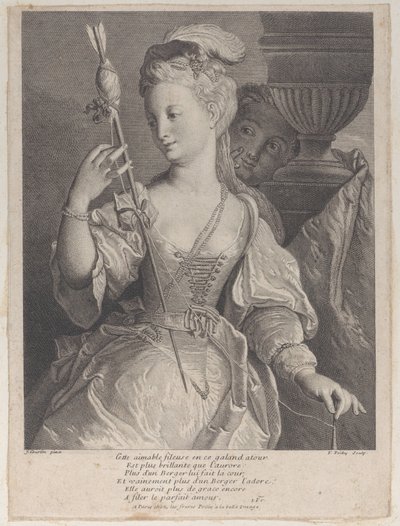 Nuori nainen kehrää lankaa nuolelle, 1686-1741. tekijältä François de Poilly