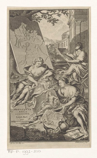 Allegorie op de meetkunde Sivun nimi: Pomponius Mela en Abraham Gronovius, Pomponii Melae de situ orbis libri III, 1782 tekijältä François van Bleyswijck