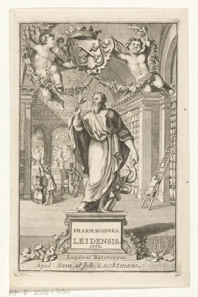 Asklepios Titelpagina voor: S.n., Pharmacopoeia Leiden, suurimpien tuomareiden viranomaisen perustama, 1770 tekijältä François van Bleyswijck