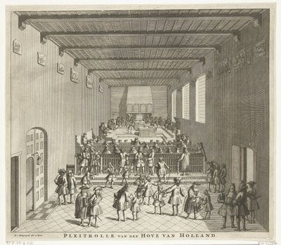 Hollannin tuomioistuimen istunto, noin 1700 Pleitrolle van den Hove van Holland (otsikko esineessä) tekijältä François van Bleyswijck
