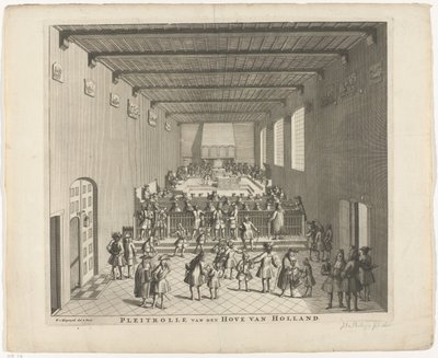 Hollannin tuomioistuimen istunto, noin 1700 Hollannin Pleitrolle van den Hove (otsikko esineessä) tekijältä François van Bleyswijck
