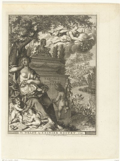 Muusa ja putti istuvat runoilija Arnold Moosen haudalla Nimisivu kohteelle: Arnold Moonen, Continued der poëzye, Delft 1720 Jatkoa A. Moonens Poezylle (otsikko esineessä) tekijältä François van Bleyswijck