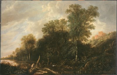 Metsäinen maisema, jossa naiset uivat tekijältä François van Knibbergen