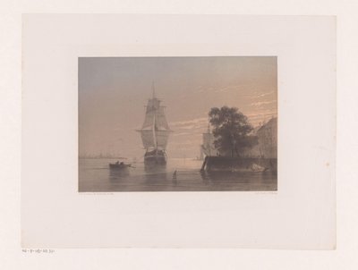 Purjelaivoja laiturilla auringonlaskun aikaan tekijältä Frans Arnold Breuhaus de Groot