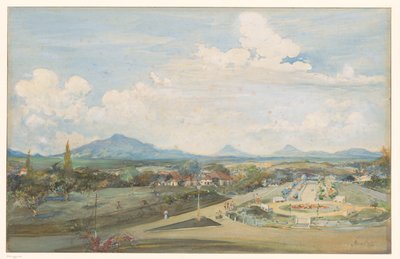 Tillemaplein Semarangissa ja taustalla tulivuoret Sindoro ja Soembing tekijältä Frans Bakker (signed by artist)