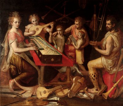 Music Characters vetuksen ikivanha musiikki-instrumenttien ympäristö muodostaa allegorian. Frans Florisin (1515-1570) maalaus 1500-luvulta Geenit, yksityinen kokoelma tekijältä Frans Floris