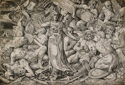 Victoria vankien ja palkintojen ympäröimänä, 1552.Victoria vankien ja palkintojen ympäröimänä, 1552. tekijältä Frans Floris