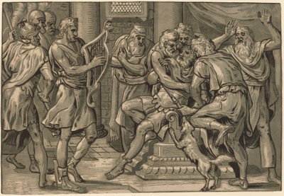 Daavid soittamassa harppua Saulin edessä tekijältä Frans Floris I